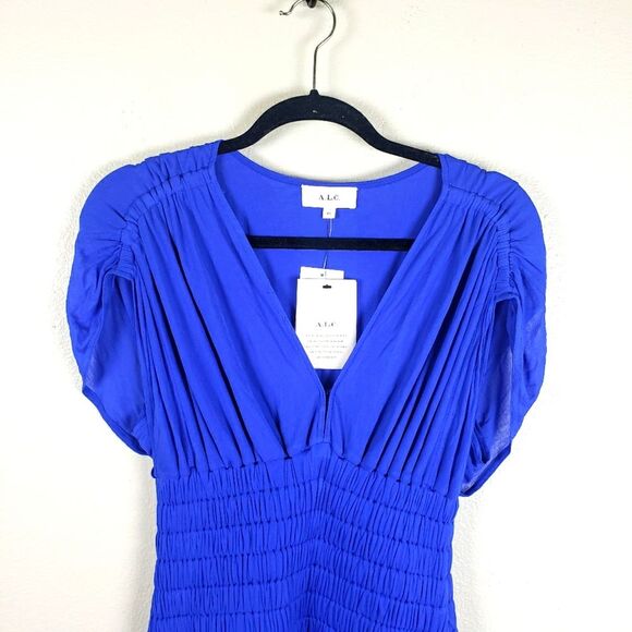 A.L.C. NWT Luna Colbat Blue Smocked Pleated V-Neck Draped Mini Dress Size XS - Picture 10 of 13